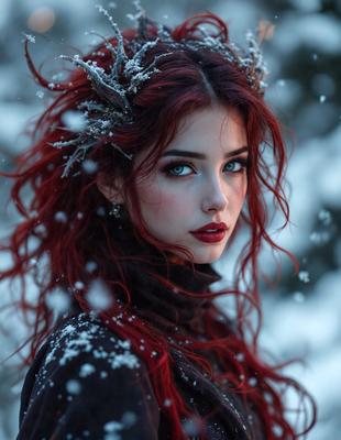 The primary subject of the image is a woman with red hair, wearing a black shirt and a black dress. She is standing in the snow, with her hair blowing in the wind. The setting is a snowy environment, and the visual style appears to be a photo. The woman's red hair and the black clothing create a striking contrast against the white snow, giving the image a dramatic and moody atmosphere.